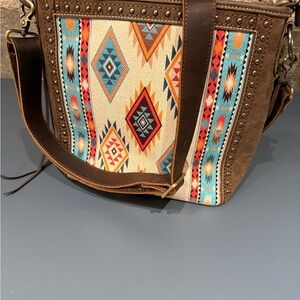 Montana West Aztec Print Crossbody with Brown Vegan Leather Trim